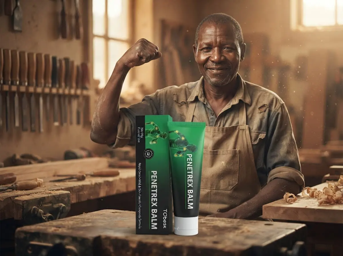 Penetrex Balm Kenya: carpenter in an apron flexing his arm in his workshop, a working day that ends with a fresh balm