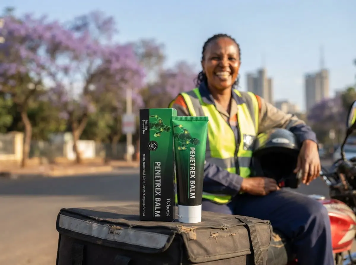 Penetrex Balm Kenya: woman courier in a yellow safety vest on a motorbike in a Nairobi street