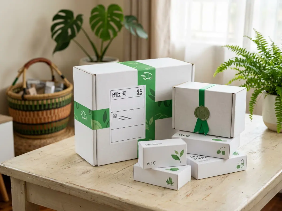 Neatly packed parcels on a table with green plants, ready for delivery
