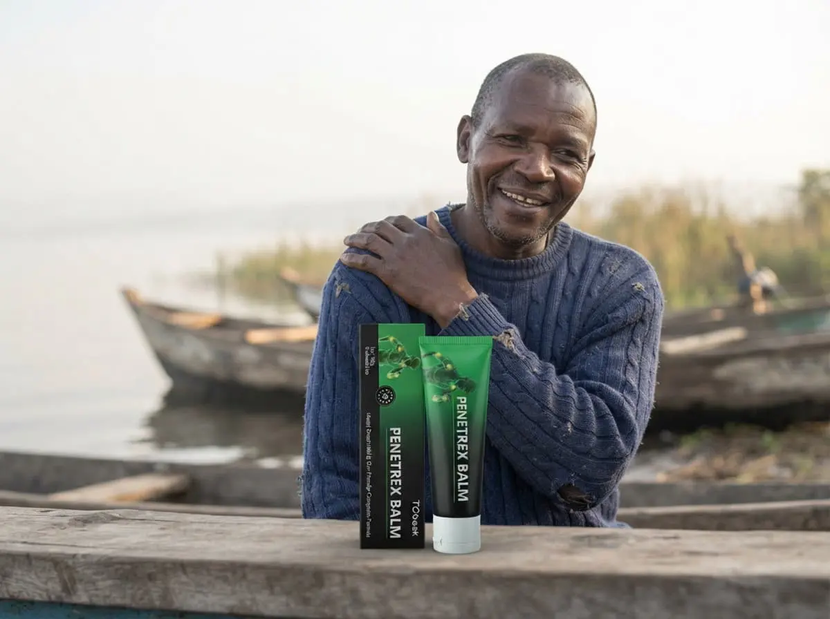 Fisherman in a blue jumper holding his shoulder on the lake shore with his boat behind, a typical moment for Penetrex Balm