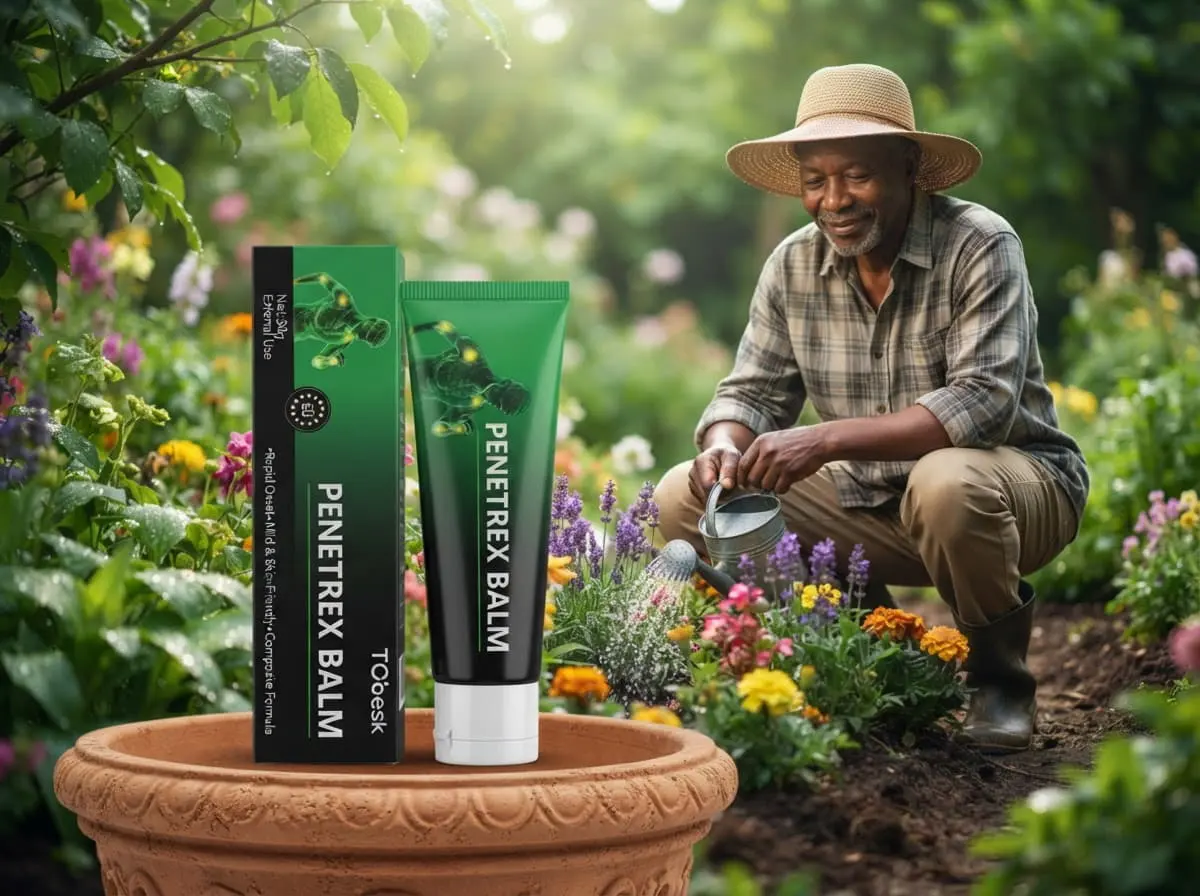 Man in a straw hat kneeling in a flower garden with a Penetrex Balm tube standing on a terracotta pot