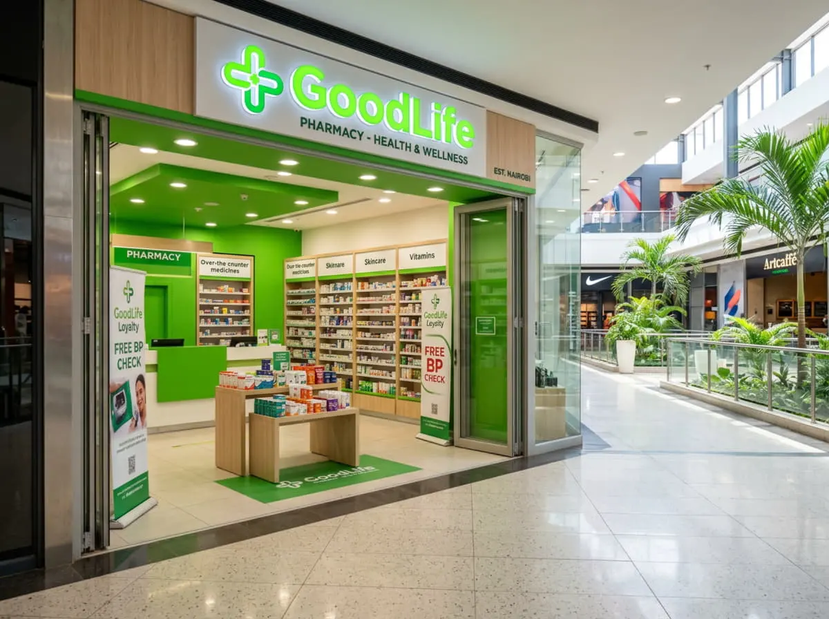 Penetrex Balm Kenya: bright green pharmacy storefront at a Kenyan shopping mall entrance