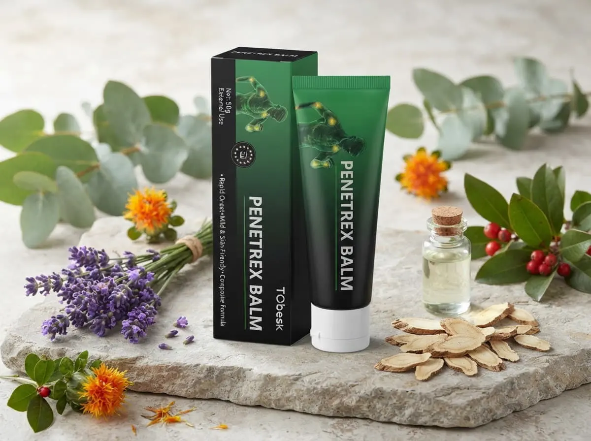 Penetrex Balm carton and tube on a stone slab with lavender, eucalyptus leaves and safflower flowers