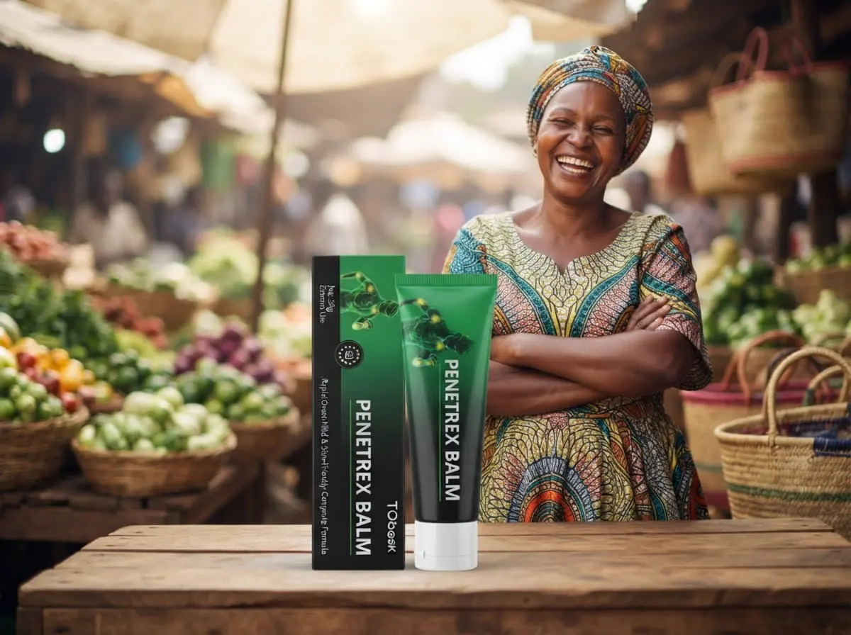 Penetrex Balm Kenya: market vendor in a bright headwrap smiling beside her fruit and vegetable stall