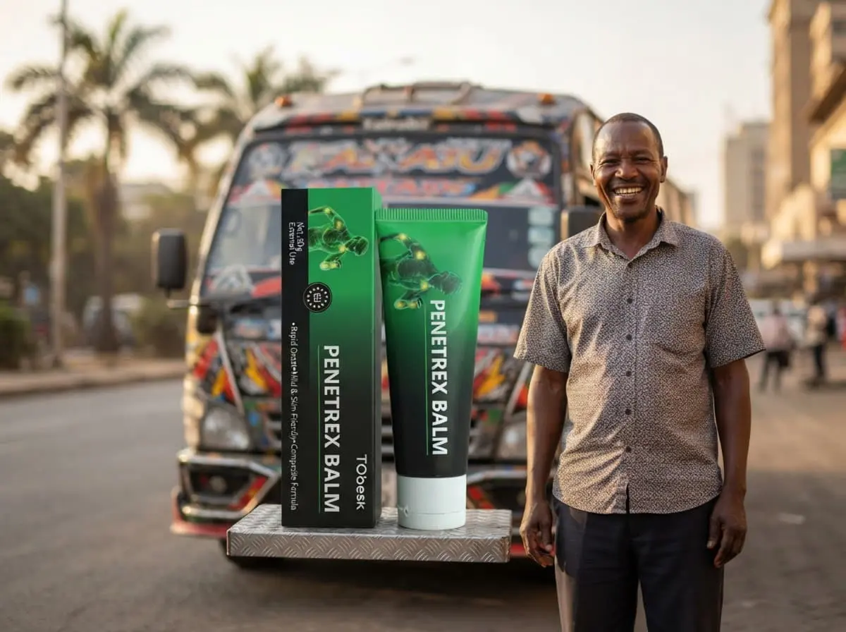 Matatu driver standing next to his decorated minibus with Penetrex Balm