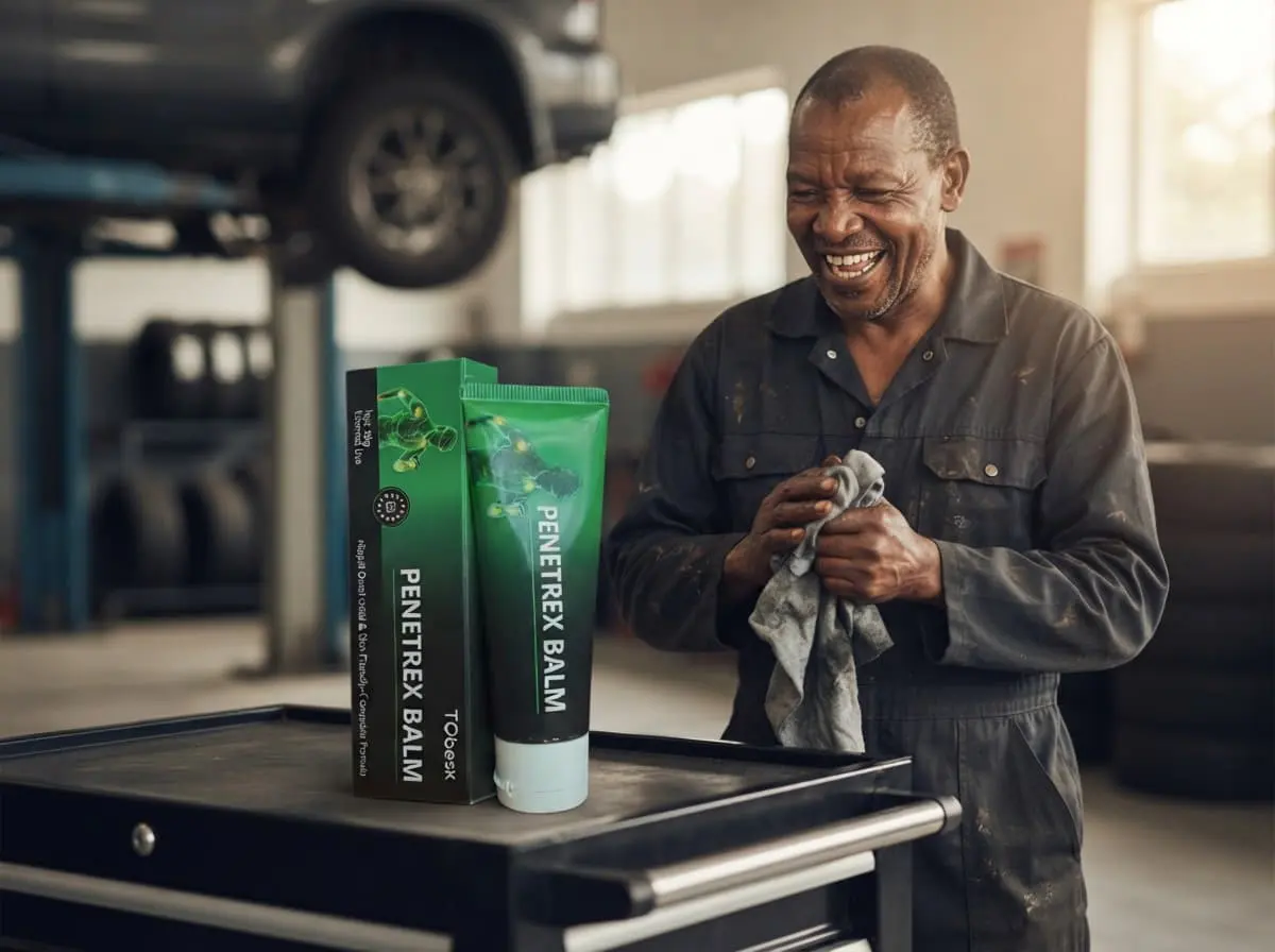 Penetrex Balm Kenya: smiling mechanic wiping his hands in a workshop, ready to take a phone call between jobs