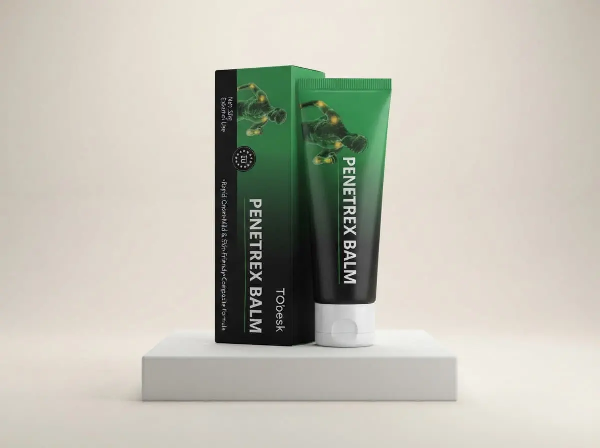 Penetrex Balm tube and carton on a white pedestal against a pale wall