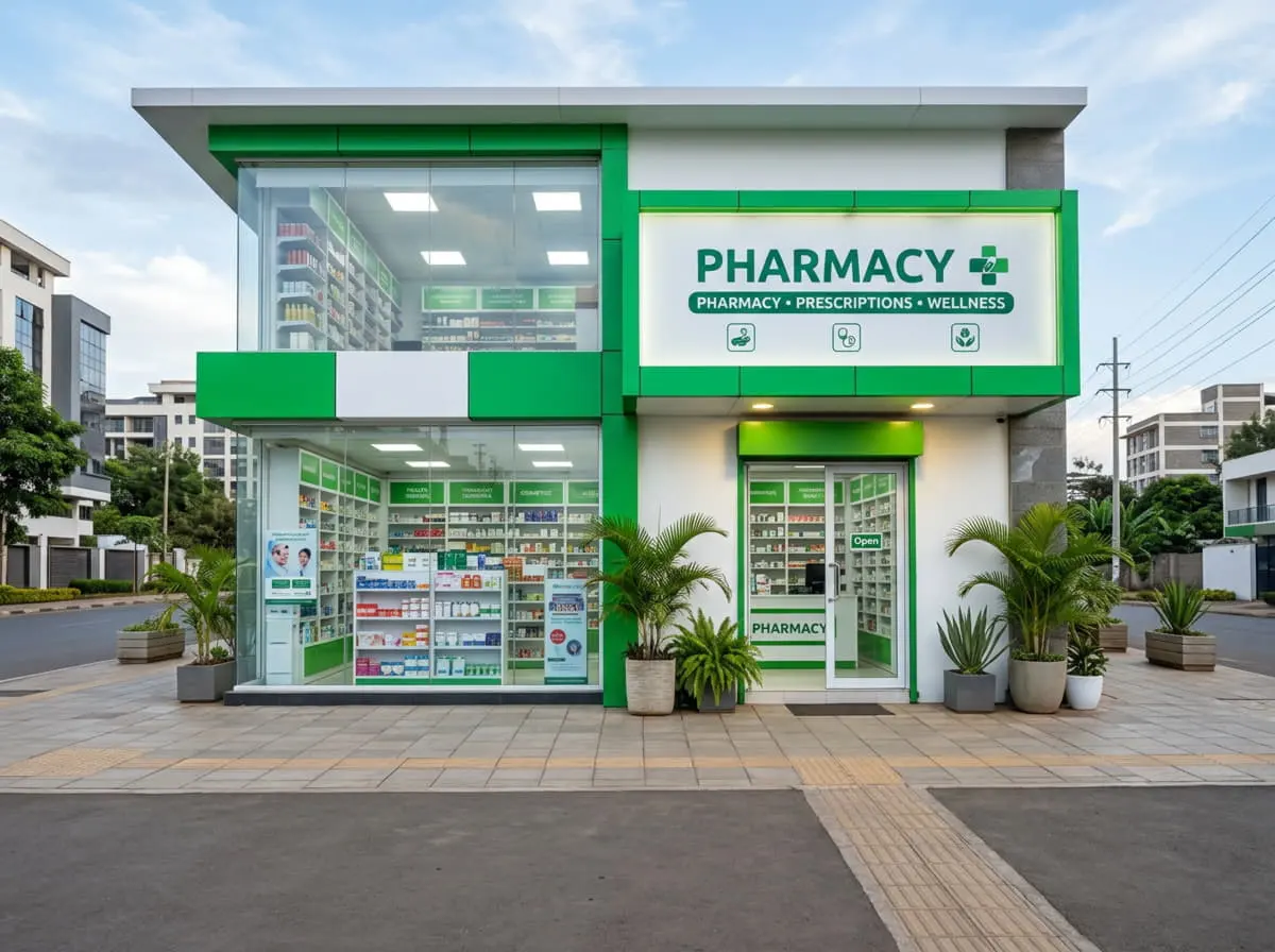 Penetrex Balm Kenya: green-and-white pharmacy building on a sunny street