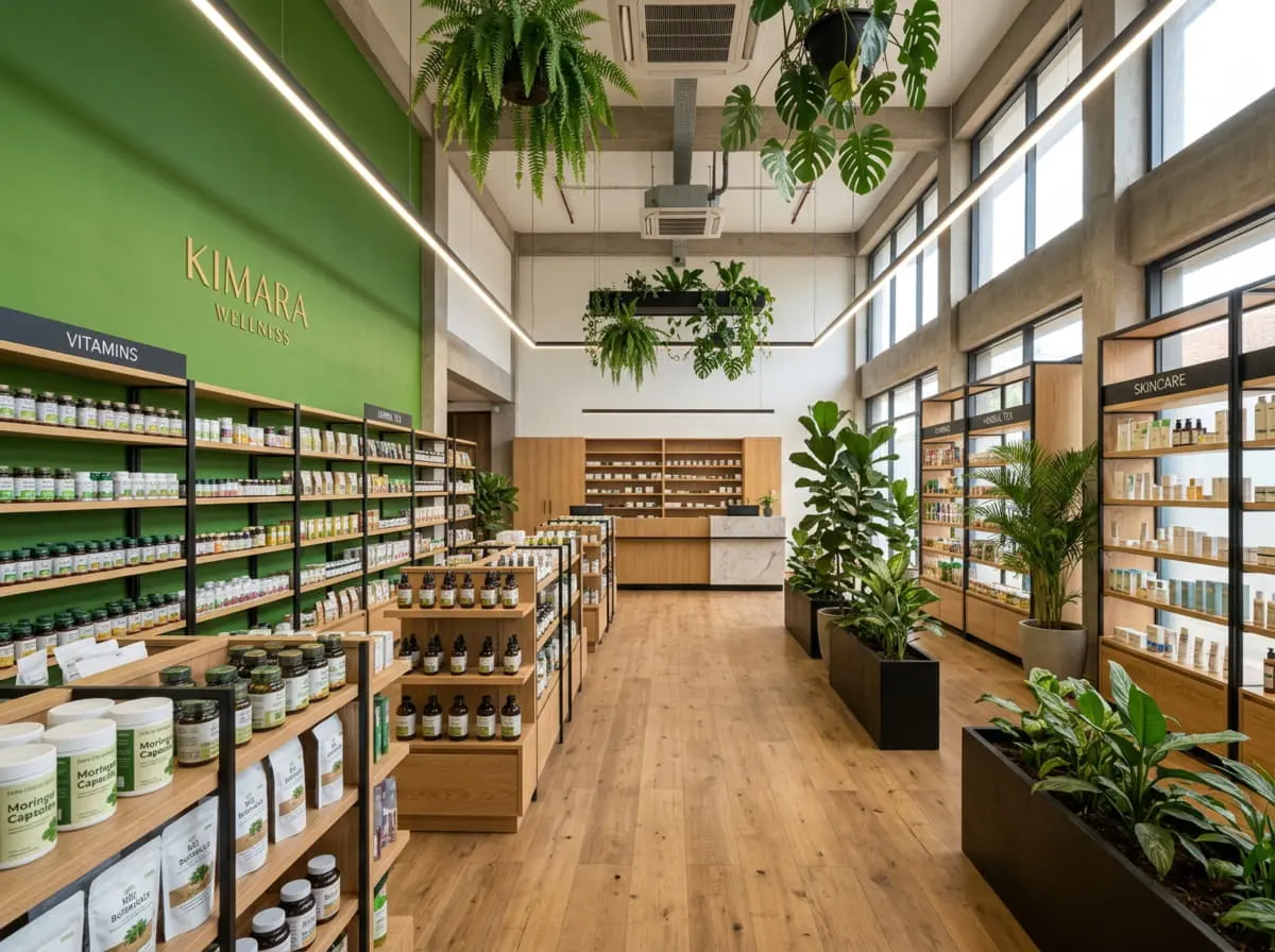 Penetrex Balm Kenya: bright wide pharmacy interior with plants and wooden floor, the kind of place to ask a pharmacist a question