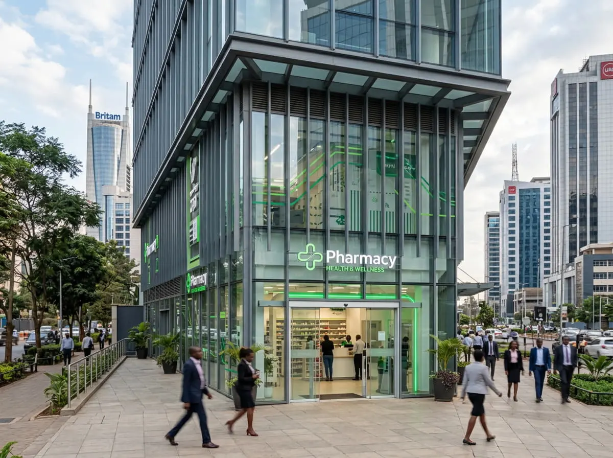 Penetrex Balm Kenya: modern glass building with a pharmacy at street level in Nairobi