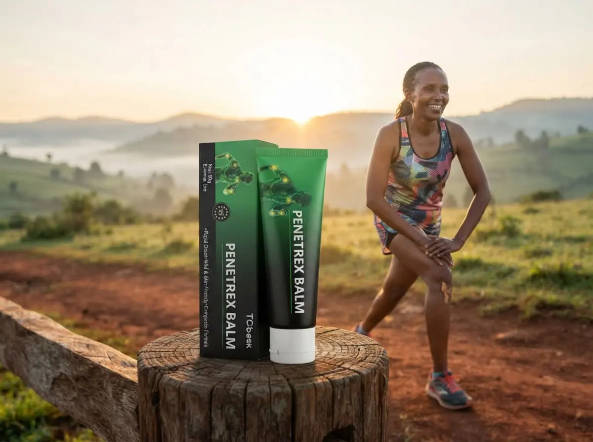 Woman runner stretching at sunrise on a red-earth track in green hills near a Penetrex Balm tube