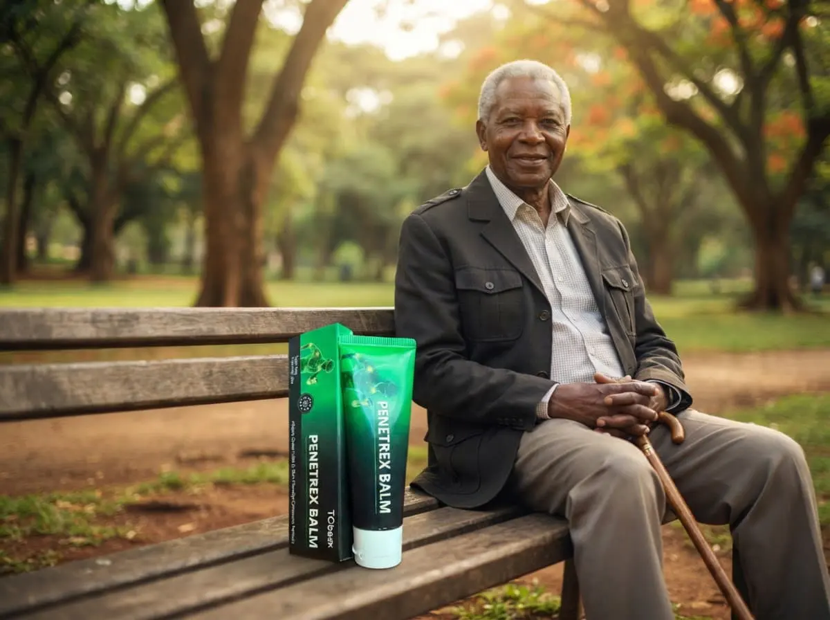 Elderly man with a walking stick seated on a park bench under trees, an everyday moment for Penetrex Balm