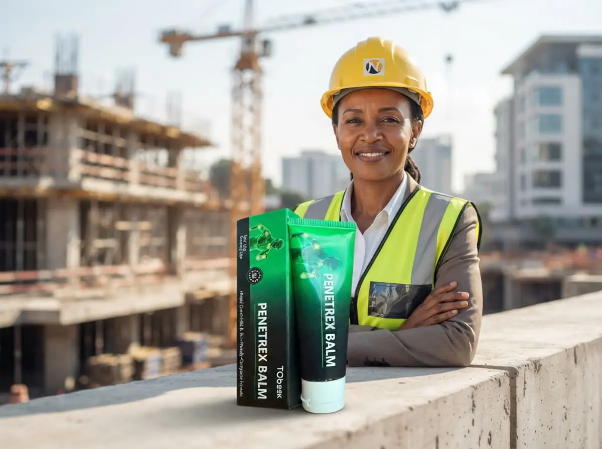 Woman engineer in a yellow hard hat and safety vest on a building site with a Penetrex Balm tube