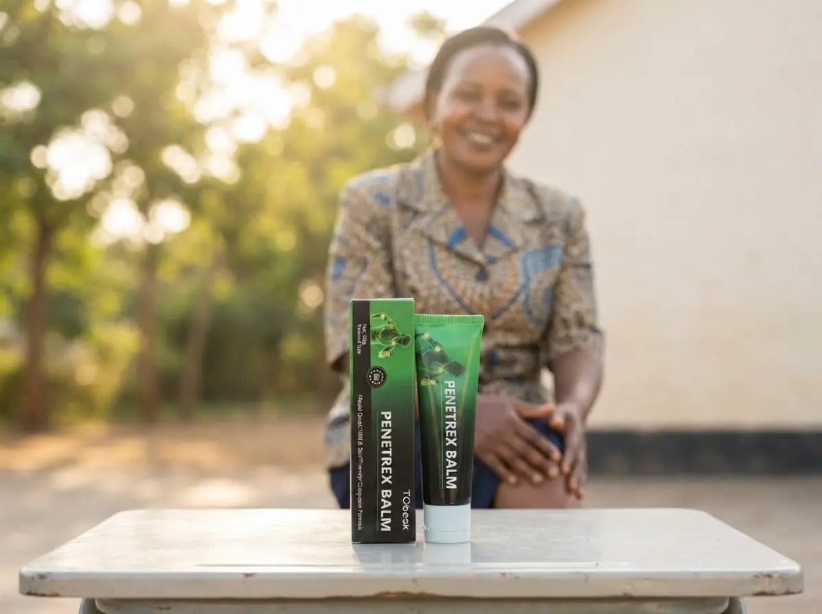 Smiling woman seated outdoors in warm light with a tube of Penetrex Balm on a small table beside her