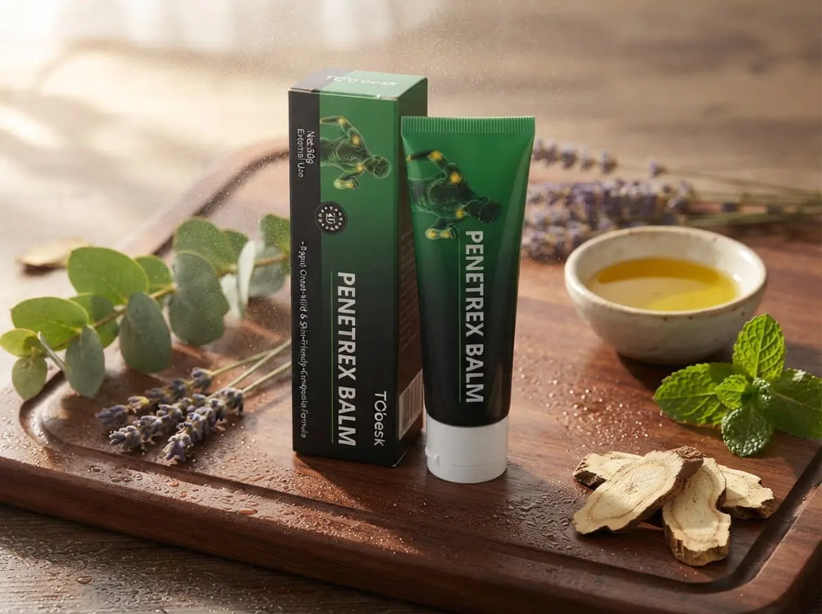 Penetrex Balm tube and carton on a wooden tray with eucalyptus leaves, lavender, a bowl of oil and dried root slices